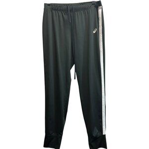 Asics Mens Black Track Pants With White Stripe Large with Cuff Snaps